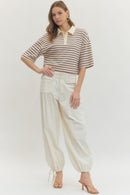 Contrast Collar Striped Top