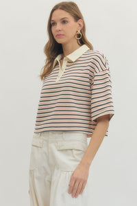 Contrast Collar Striped Top