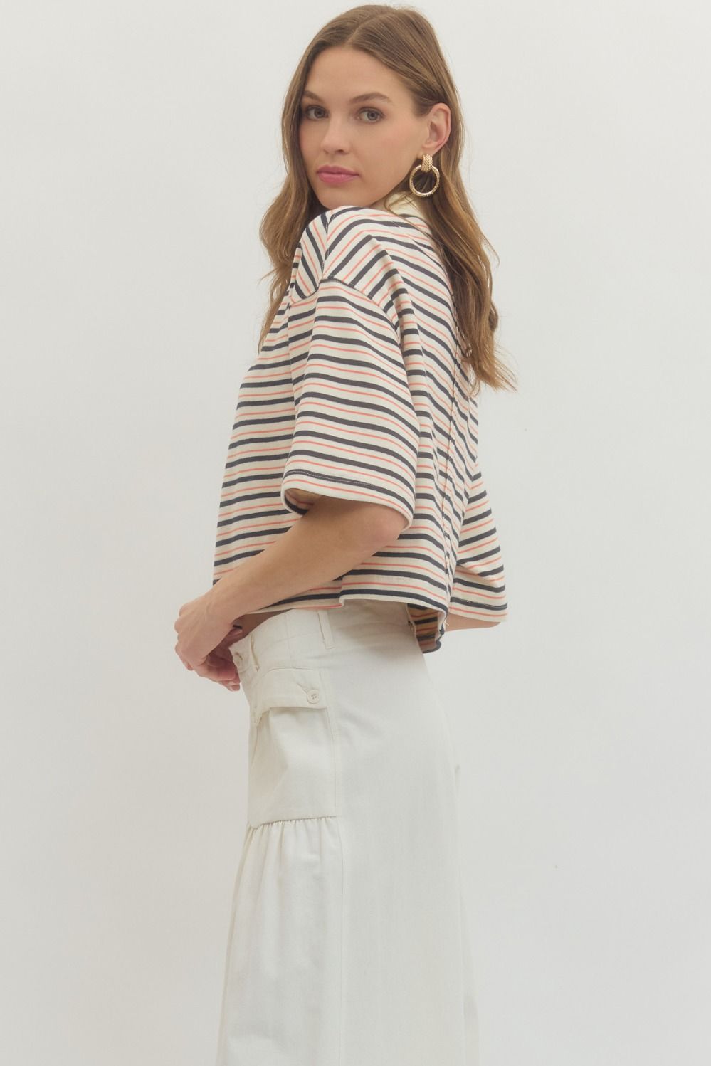 Contrast Collar Striped Top
