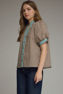 Contrast Binding Striped Top