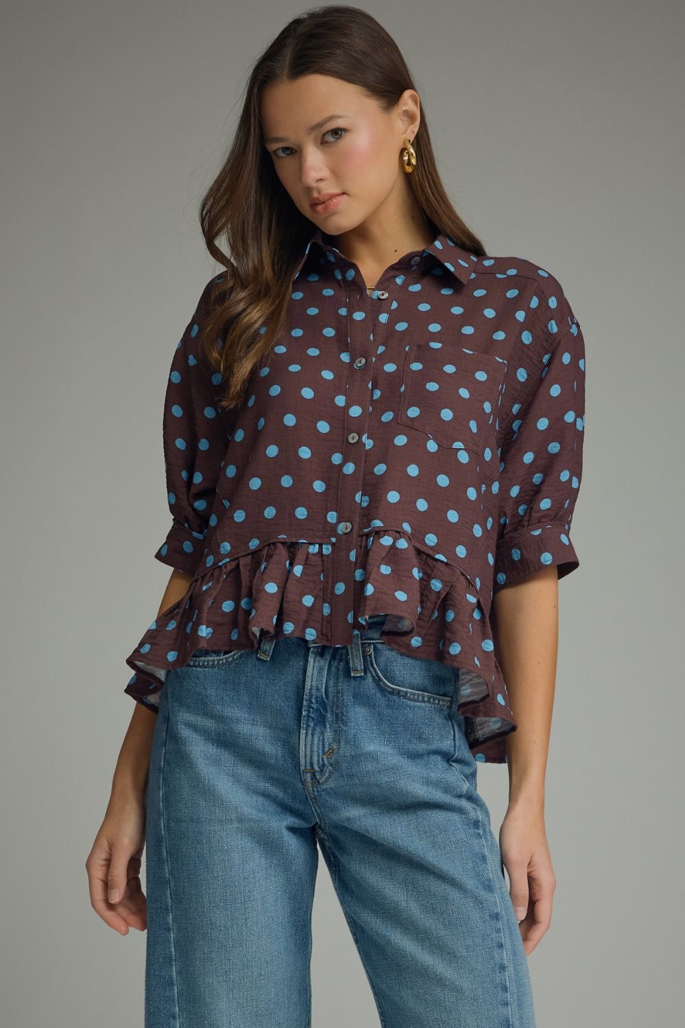 Polka Dot Satin Peplum Top