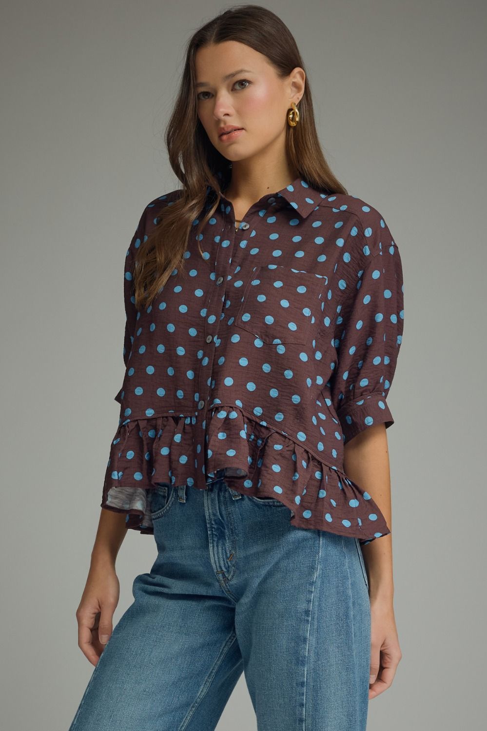 Polka Dot Satin Peplum Top