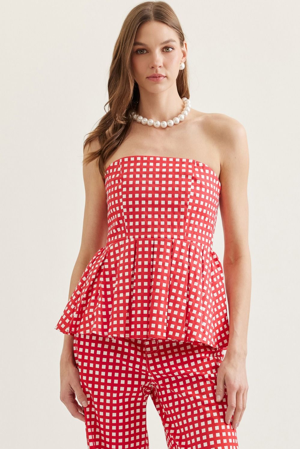 Checkered Strapless Peplum Top