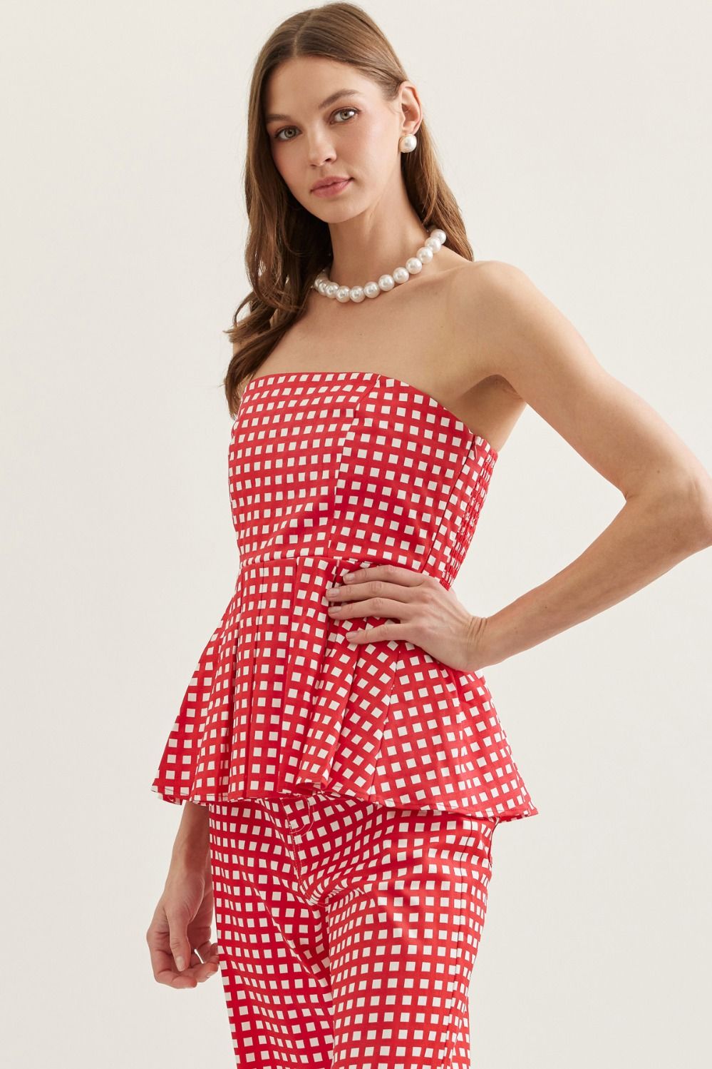 Checkered Strapless Peplum Top