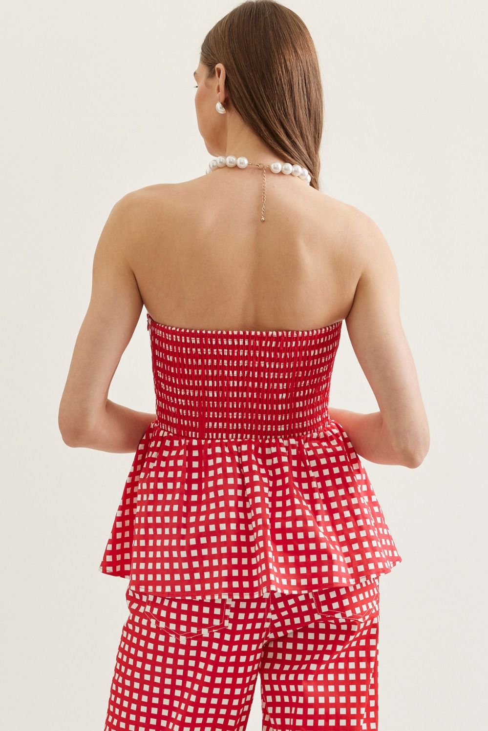 Checkered Strapless Peplum Top