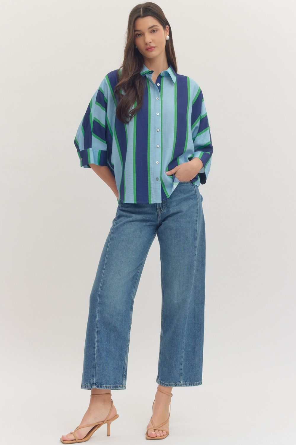 Green/Blue Striped Dolman Top