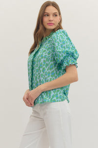 Contrast Ruffle Leopard Blouse
