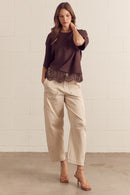 Brown Asymmetrical Lace Hem Tee