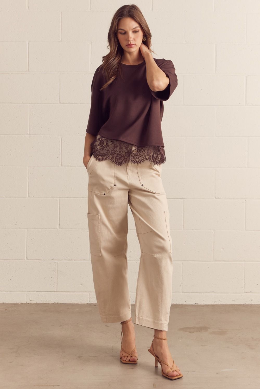 Brown Asymmetrical Lace Hem Tee
