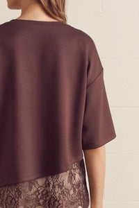 Brown Asymmetrical Lace Hem Tee