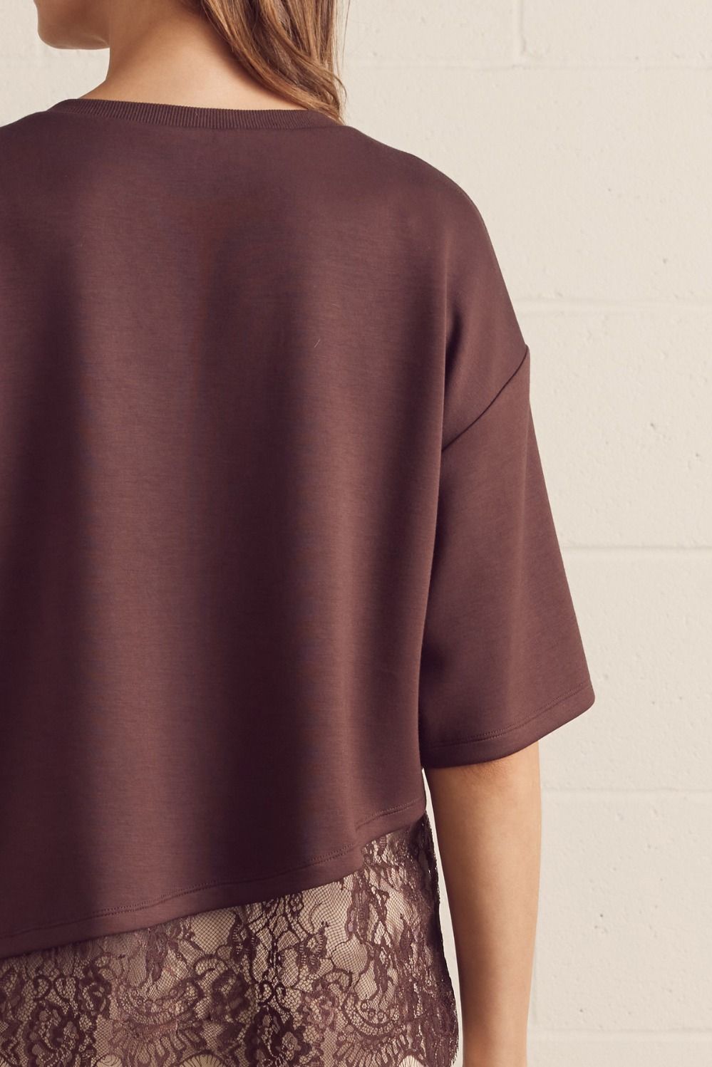 Brown Asymmetrical Lace Hem Tee