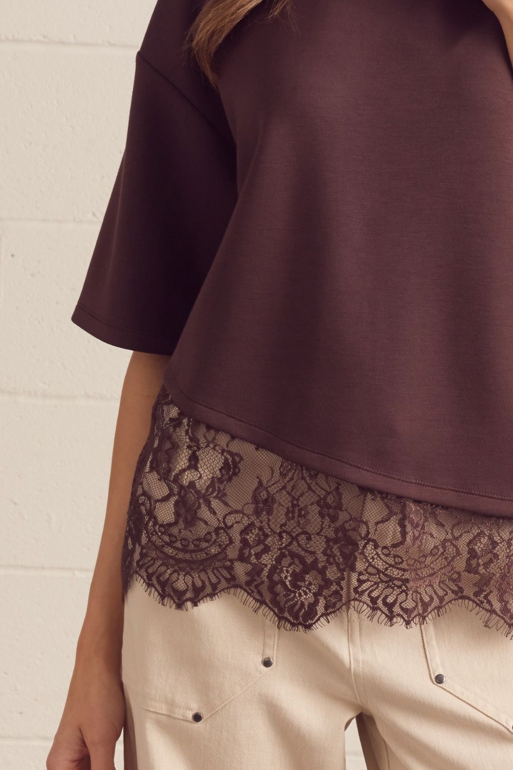 Brown Asymmetrical Lace Hem Tee