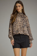 Leopard Mock Neck Bubble Blouse