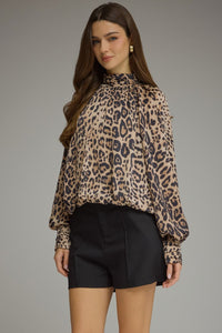 Leopard Mock Neck Bubble Blouse