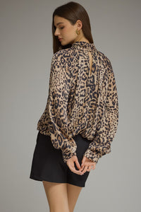 Leopard Mock Neck Bubble Blouse