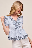 Striped Embroidered Peplum Top