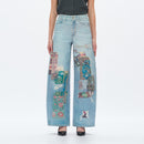 Patch Print High Rise Barrel Denim