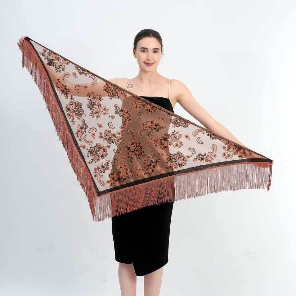 Sheer Floral Fringe Triangular Shawl