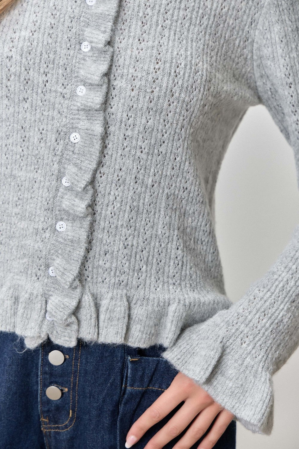 Ruffle Hem Button-Up Sweater