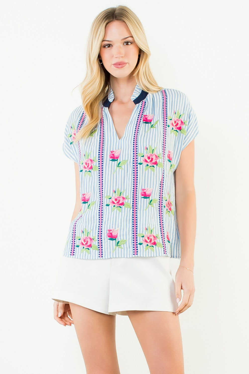 Embroidered Stripe V-neck Top