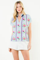 Embroidered Stripe V-neck Top
