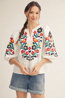 Embroidered Notched V-Neck Top