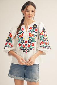 Embroidered Notched V-Neck Top