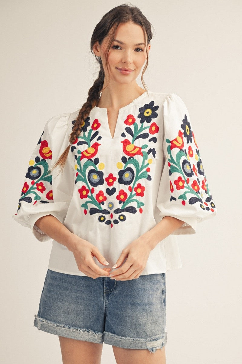 Embroidered Notched V-Neck Top