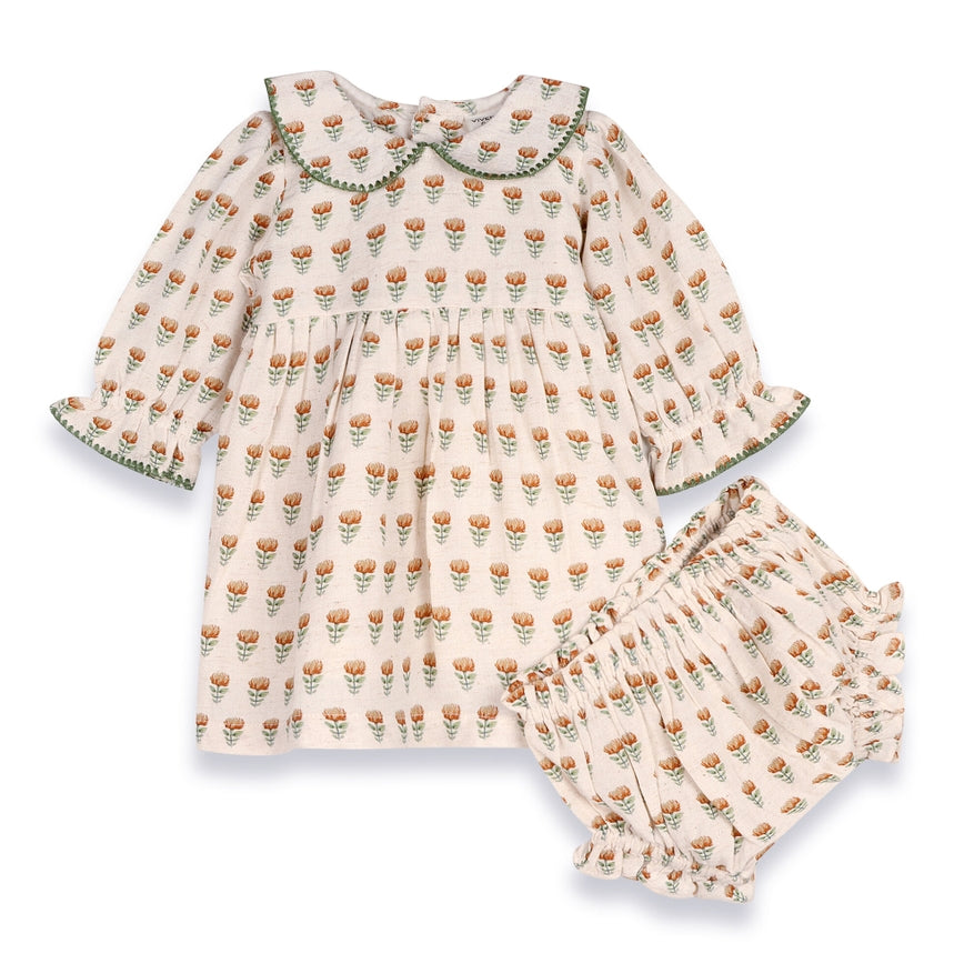 Ina Block Print Floral Baby Dress & Bloomer Set