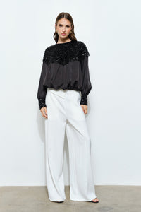 Beaded Sequin Yoke Satin Top