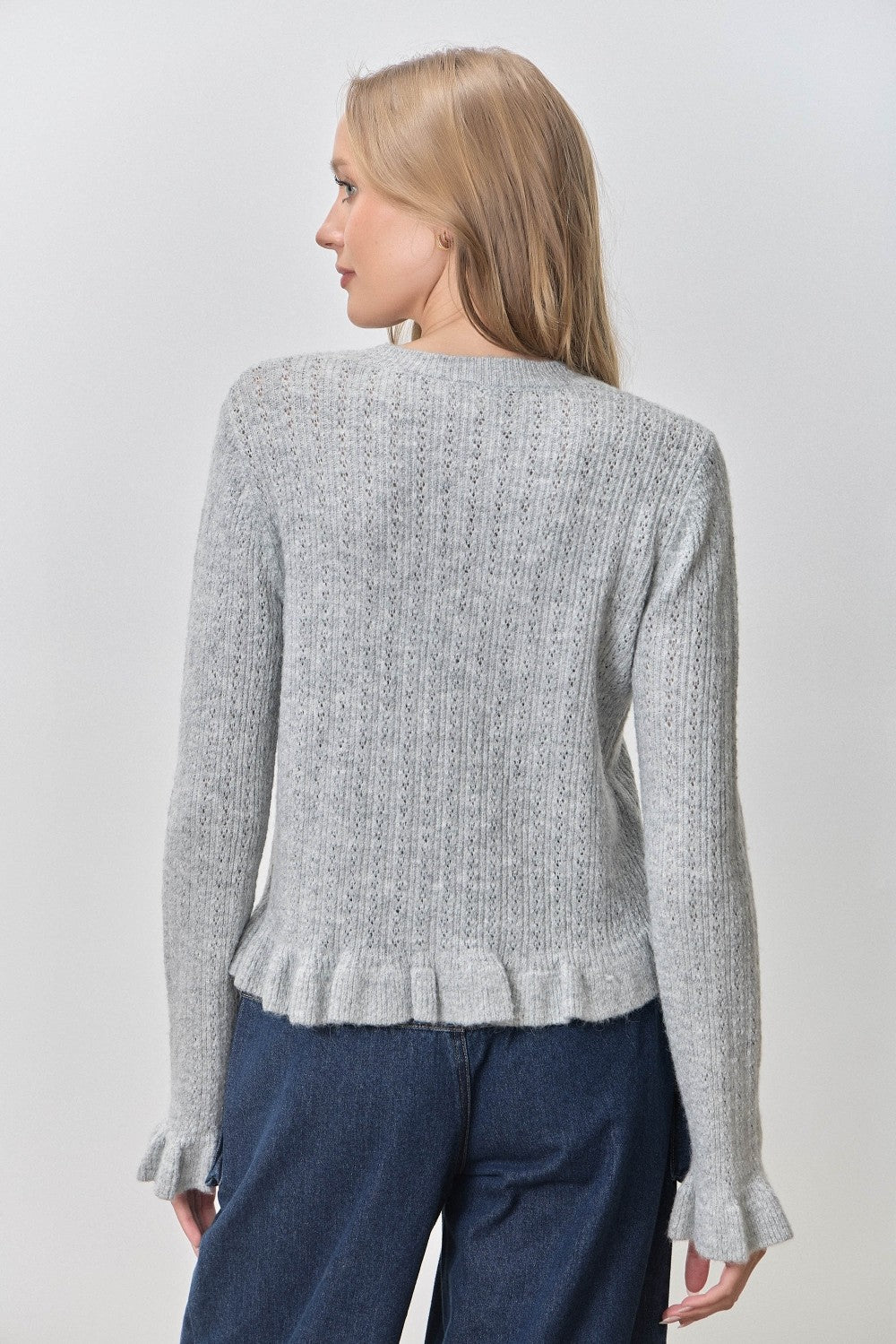 Ruffle Hem Button-Up Sweater