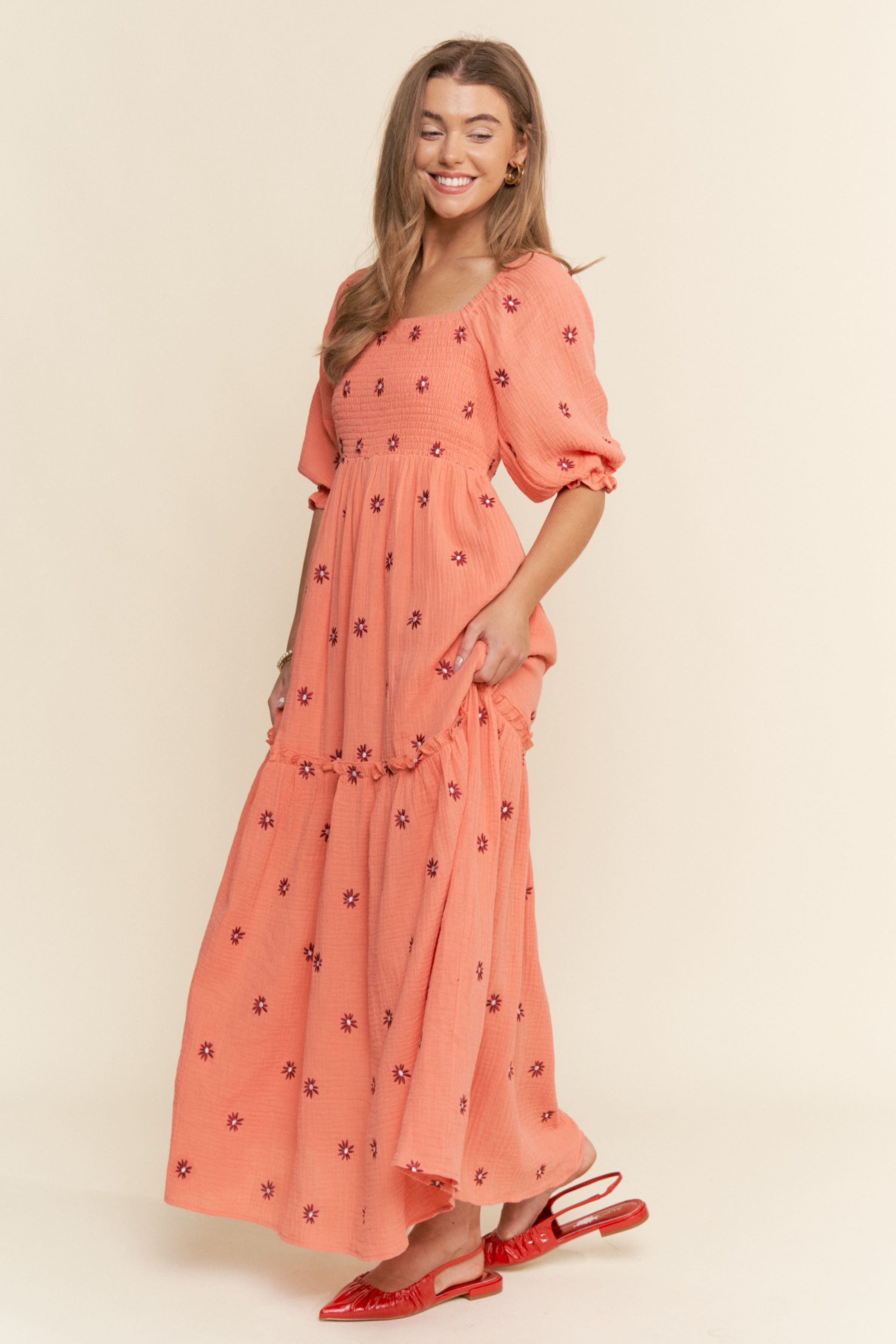 Floral Embroidered Gauze Maxi Dress