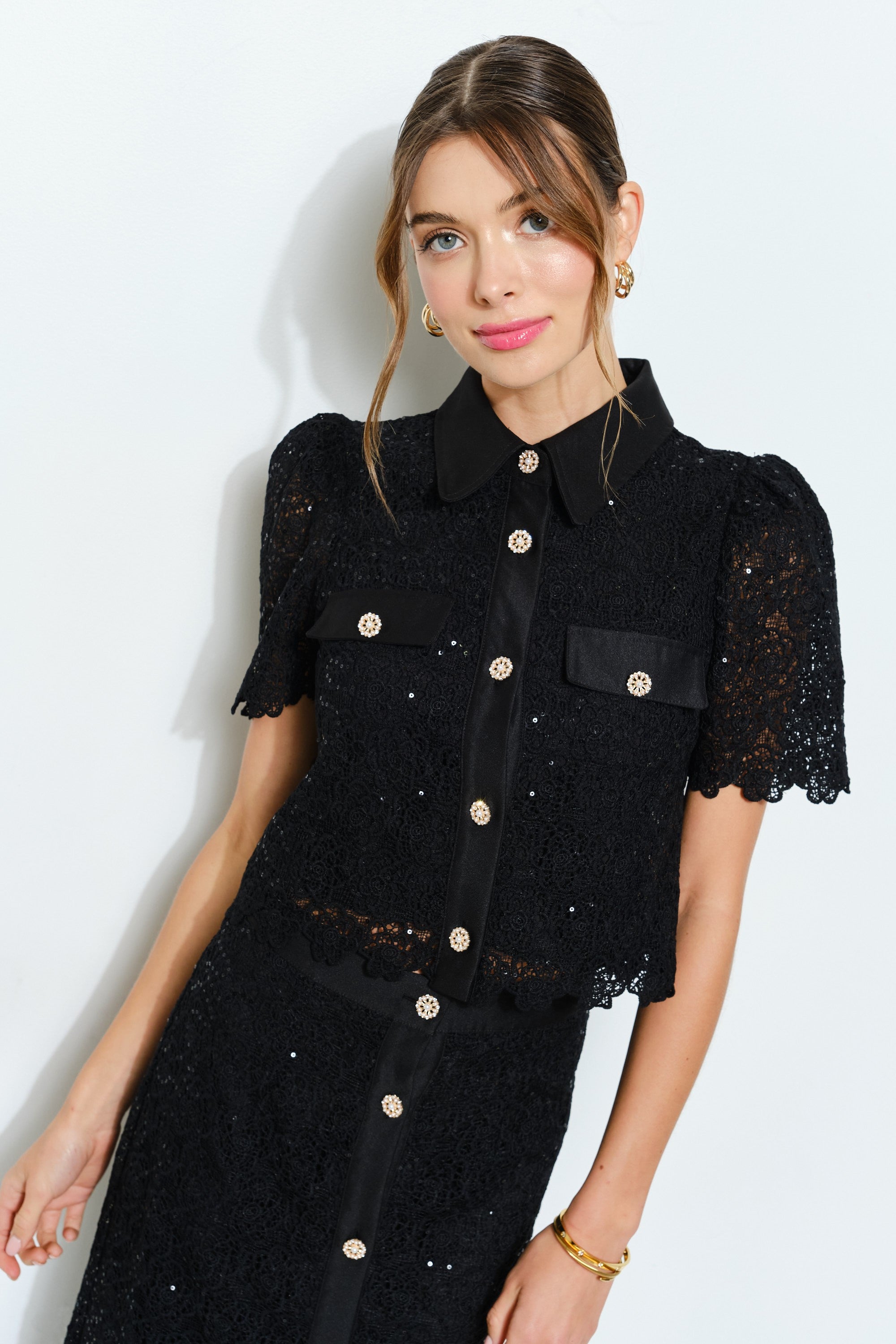 Pearl Button Lace Blouse