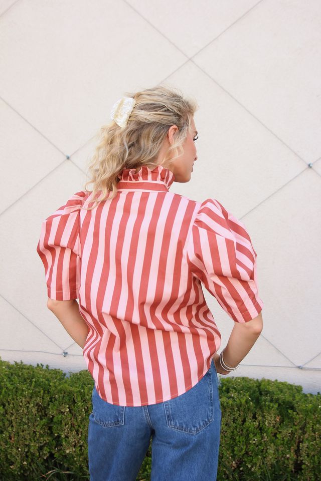 Red/Rose Ruffle Collar Striped Blouse
