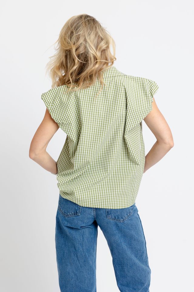 Checkered Bubble Sleeve Button-Down