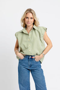 Checkered Bubble Sleeve Button-Down